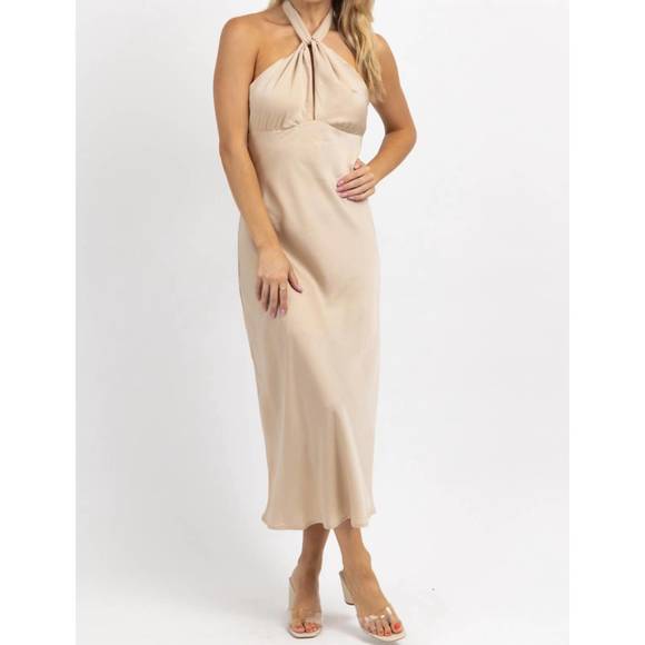 NEW LE LIS halter tie satin midi dress in champagne - Picture 3 of 6